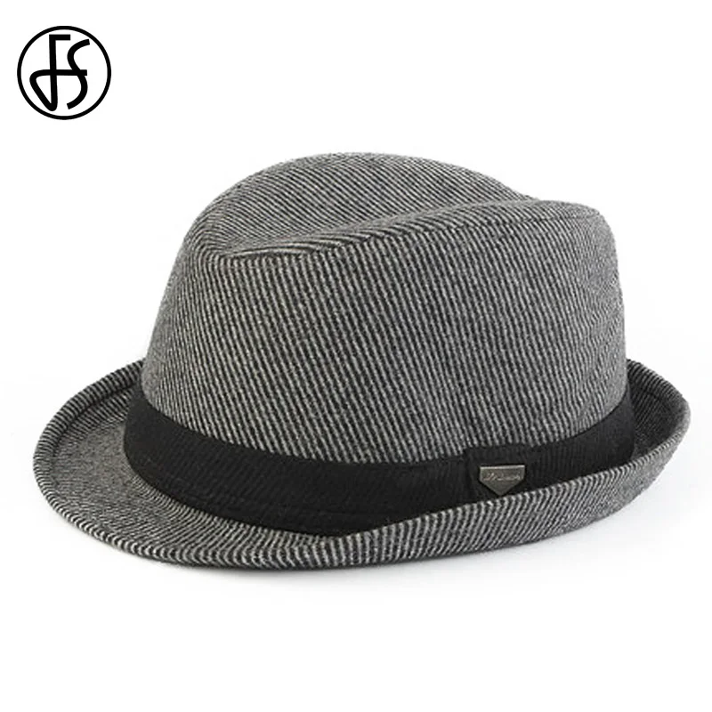 FS Vintage Black Wool Felt Wide Brim Fedora Hats For Men Striped Gangster Trilby Hat Autumn Winter Panama Jazz Cap Chapeau Homme