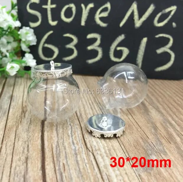 Free ship!! 30sets/lot 30*20mm glass globes with silver crown findings with ring set glass bubble DIY vial pendant glass orbs