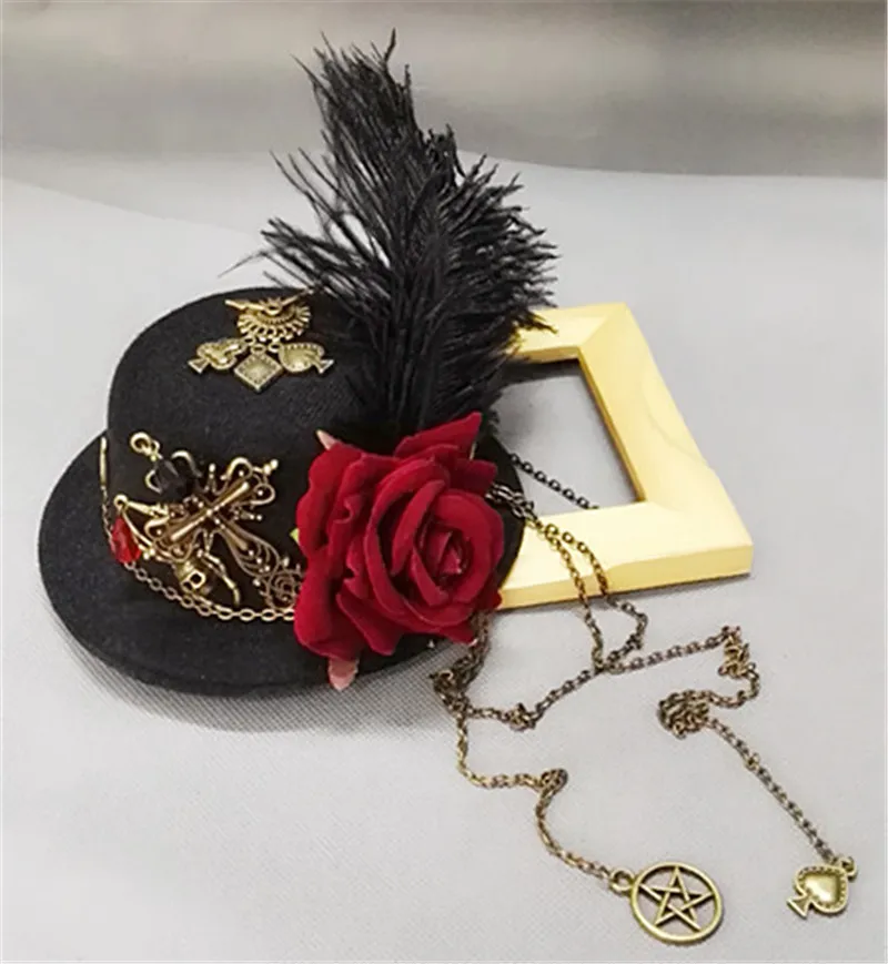 Girls Vintage Steampunk Fedora Hat Lolita Little Hat Mini Top Hat Hair Clip Floral Feather Decoration Headwear Headpiece Cosplay