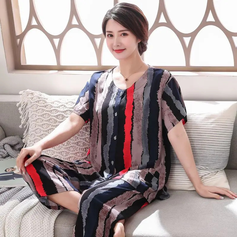 2PC Women Cotton Pajamas Set Summer New Thin Floral Short Sleeve Loose Sleepwear Casual Homewear Female Pyjamas  3XL