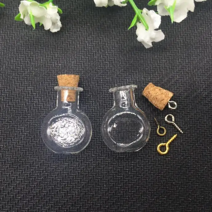 50pcs/lot transparent lampwork Glass Bottles Round Flat Vial Wishing sample jars handmade DIY Pendants cork stopper eyehook