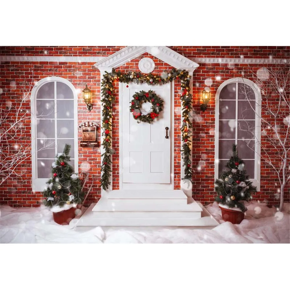 

Bokeh Snowflakes Winter Snow Photography Background Printed Brick Wall White Door Garland Merry Christmas Tree Photo Backdrop