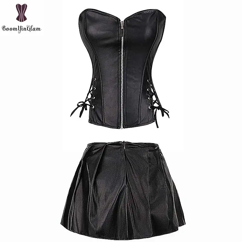 Corset Dress Suit Women Faux Leather Corsets Plus Size 6XL Synthetic Leather Korset Gothic Boned Bustier Front Zipper Corselet