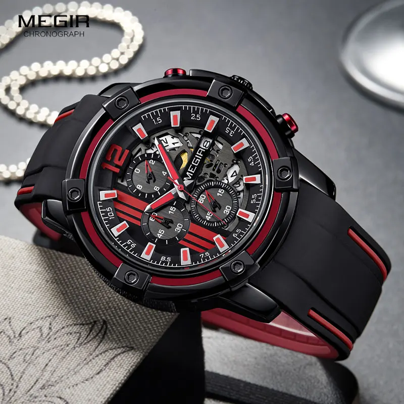 Megir Men\'s Sports Quartz Watches Army Military Chronograph Wristwatch for Man Luminous Relogios Masculino Clock 2097 Black Red