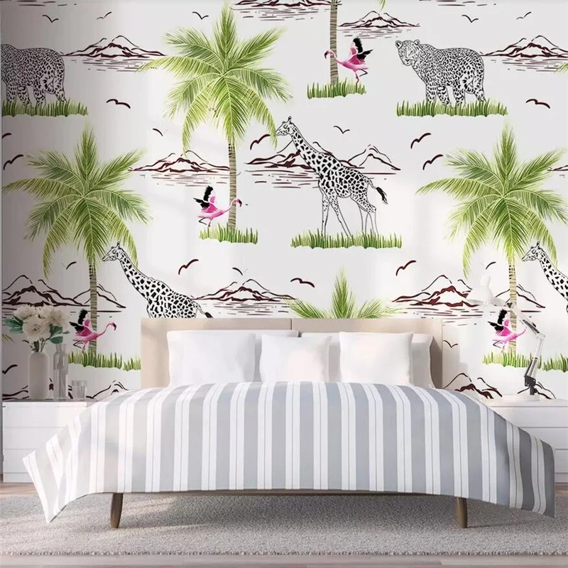 wellyu Nordic minimalist hand-painted lines flamingo giraffe animal background wall custom large mural wallpaper