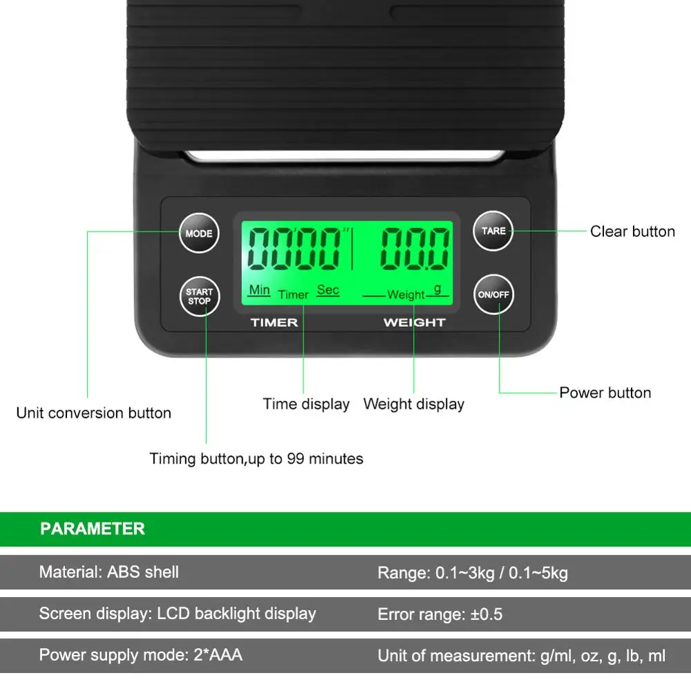 Balance de cuisine numérique haute précision, café goutte à goutte, avec minuterie, écran LCD, 3kg/0.1g 5kg/0.1g