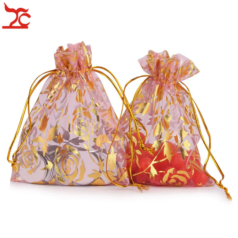 Fashion Pink Red Organza Jewelry Wedding Gift Pouch 10Pcs/Lot  Rose Draw String Candy Birthday Party New Year Holiday Gift Bag