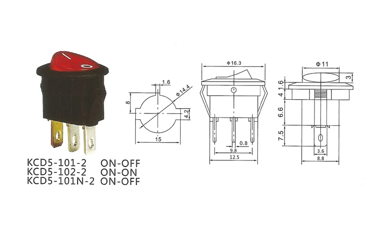 RS207 Black Red T85 Illuminated Rocker On-off function 3PIN Boat Switch KCD5-101N-2