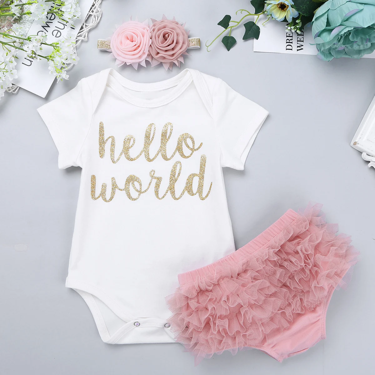 Baby Girls Outfits Newborn Baby\'s Romper Hello World Letter Printed Short Sleeves Jumpsuit with Bloomers Summer Toddlers Clothes