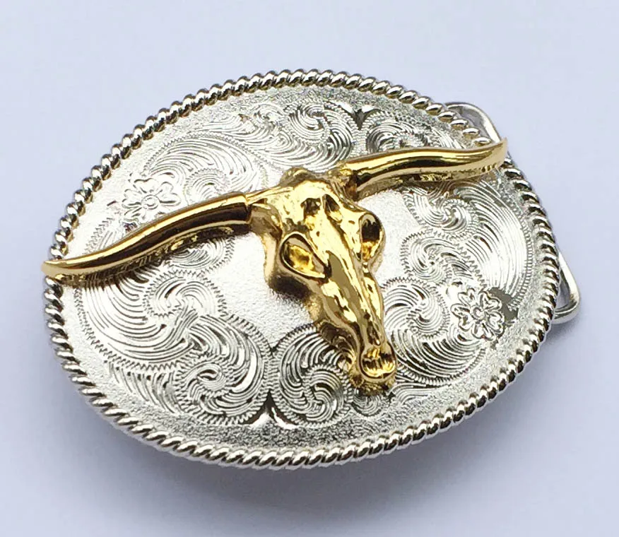 Oval Western Cowboy Belt Buckle Golden&Sliver Texas Longhorns Bull Buckles