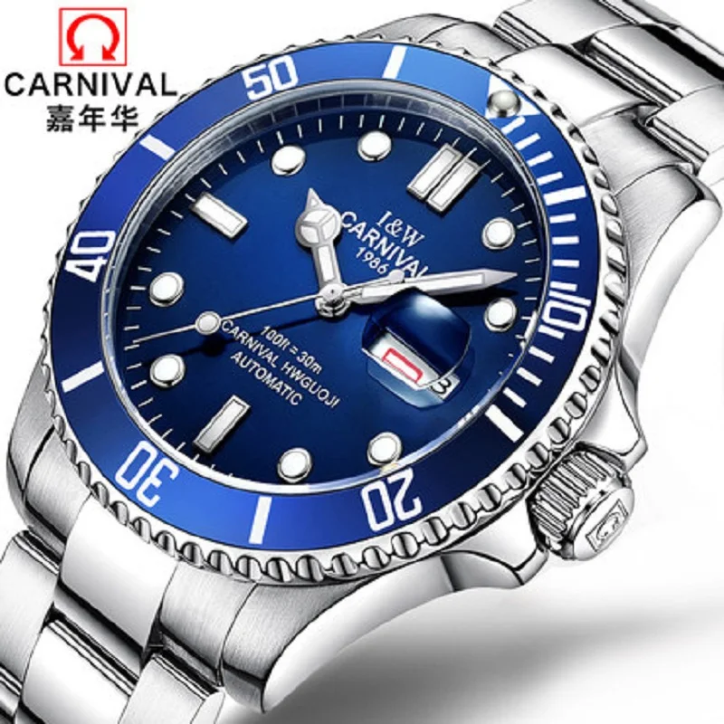 Professional Sport watch Water Ghost Series Classic Blue Dial CARNIVAL High end Automatic Watch Men Calendar Sapphire Luminous