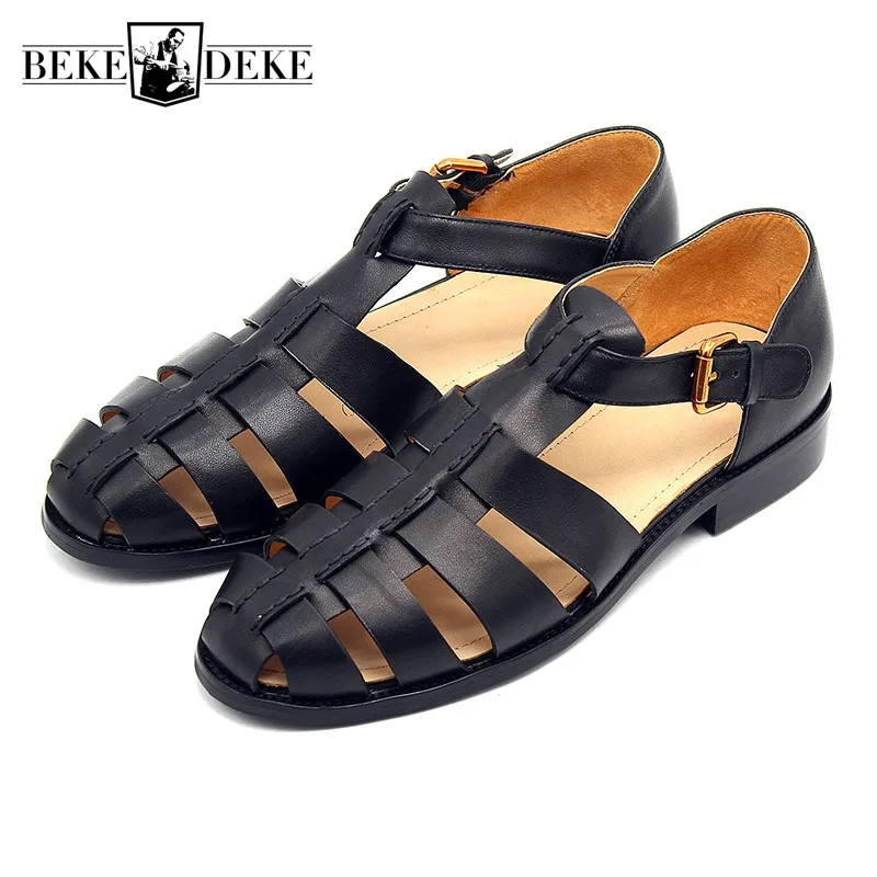 Men Gladiator Sandals Genuine Leather Handmade Vintage Solid Black Street Sandals Summer Shoes British Buckle Flat Sandals