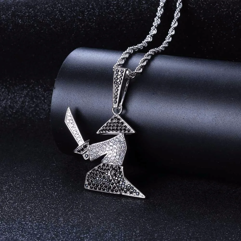 Micro Paved CZ Rhinestone Bling Ice Out Hats Samurai Oriental Warrior Pendants Necklaces for Men Hip Hop Rapper Jewelry view 5