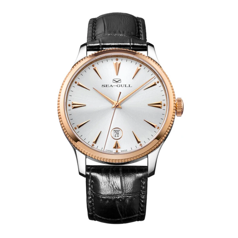 

Ultra Thin 9mm Seagull Coin Edge Rose Gold Case Exhibition Back ST18 Movement Date Automatic Men's Dress Watch 219.12.1003