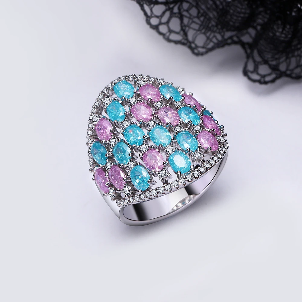 

Luxury Trendy Large Size Ring for Women with High End Workmanship Colorful Pink Blue Oval Crystal Female Jewelry Accessory