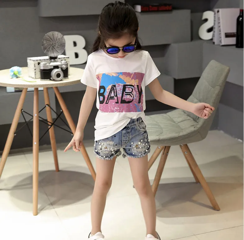 Fashion Girls Denim Shorts For Summer New Baby Kids Hole Hot Short New Nail Pearl Jeans Pants Children Clothing