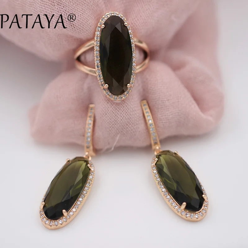 PATAYA New Women Wedding Vintage Jewelry 585 Rose Gold Color Trend Jewelry Sets Natural Zircon Oval Long Earrings Ring Set