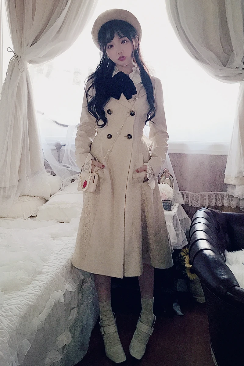 Princess sweet lolita trench Autumn sweet slim double breasted side lace long coat windbreaker waist belt trench women C1662