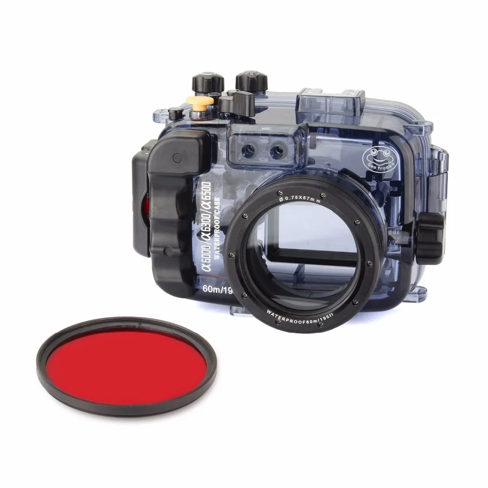 Seafrogs 60m/195ft Waterproof Underwater Camera Housing Case for Sony Alpha A6000 A6300 A6500 with Red Filter