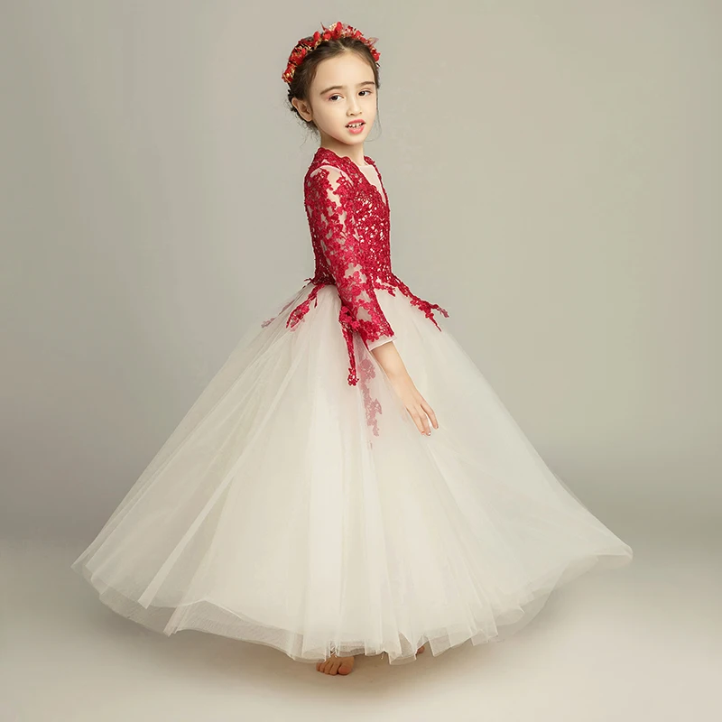 JaneVini Thanh Lịch Puffy Tulle Công Chúa Burgundy Hoa Cô Gái Ăn Mặc 2019 V Cổ Ren Appliques A Line Cô Gái Đầu Tiên Rước Dresses