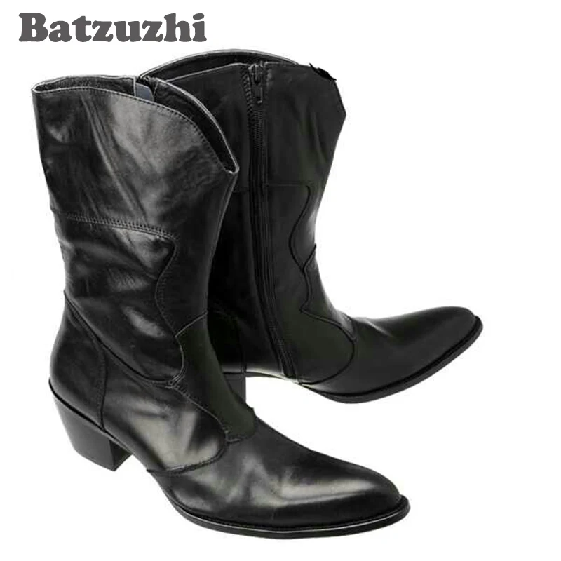 Batzuzhi Black Fashion Vintage Man Boots Pointed Toe Fashion Male Boots Increased High Heels Horsehair Genuine Leather Boots Men