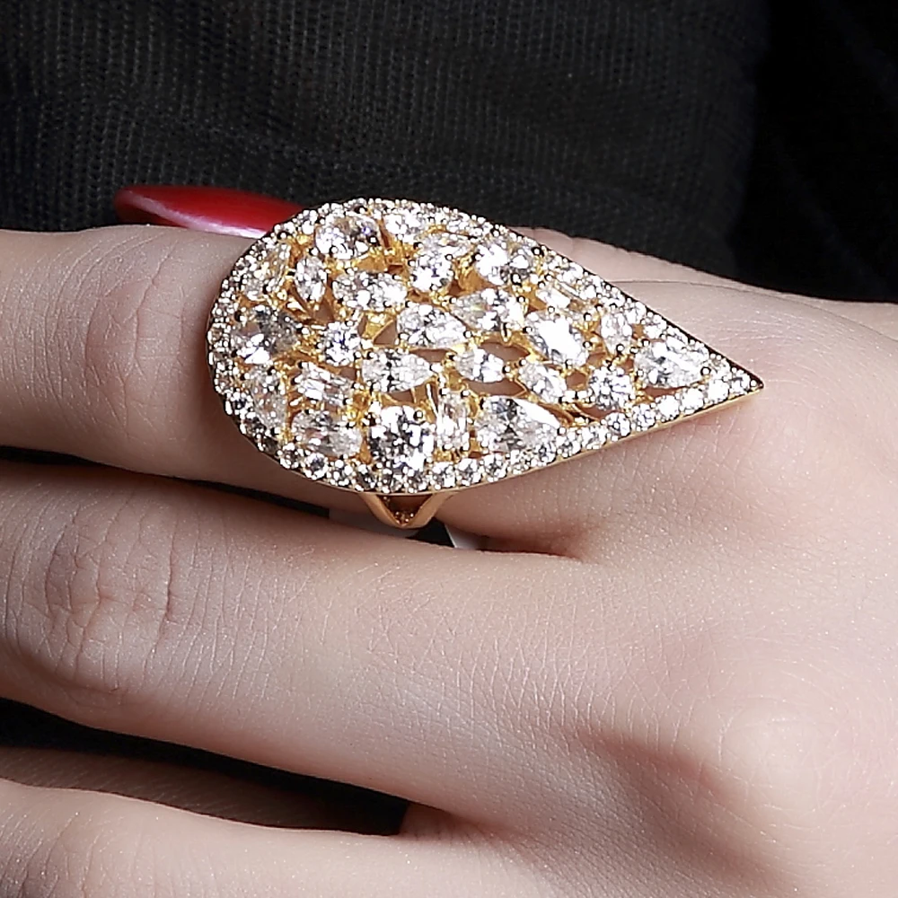 

Gold Color Water Drop Ring for Women with Zirconia – Big Statement Jewelry, Chinese Market Fashion, High Quality