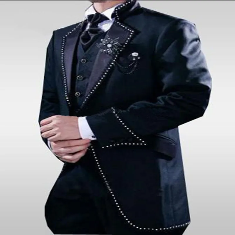 

2023 One Button Navy Long Blazer Groom Tuxedos Groomsmen Men's Wedding Party Prom Suits (Jacket+Pants+Vest+Tie) Bespoke Plus