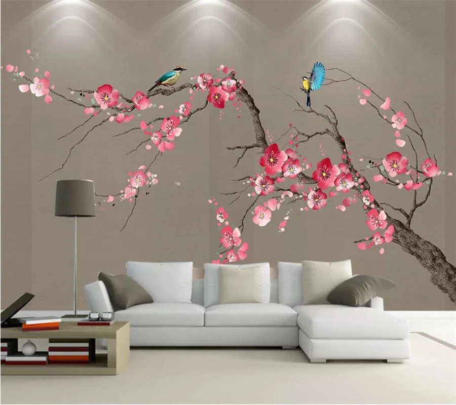 beibehang Custom wallpaper 3d murals new Chinese hand-painted pen beautiful poetry plum flower bird sofa background wall paper