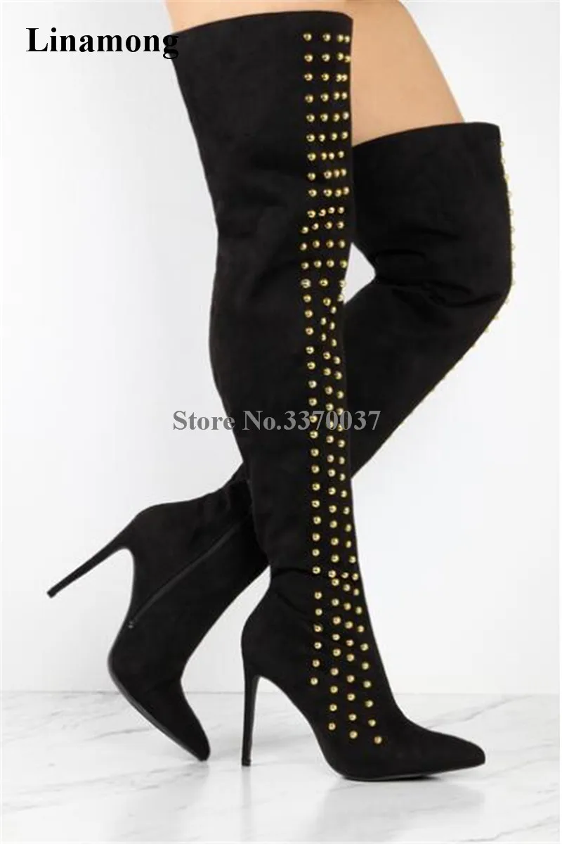 

New Design Women Fashion Pointed Toe Suede Leather Over Knee Rivet High Heel Boots Gold Spike Thigh High Long Boots Dress Shoes