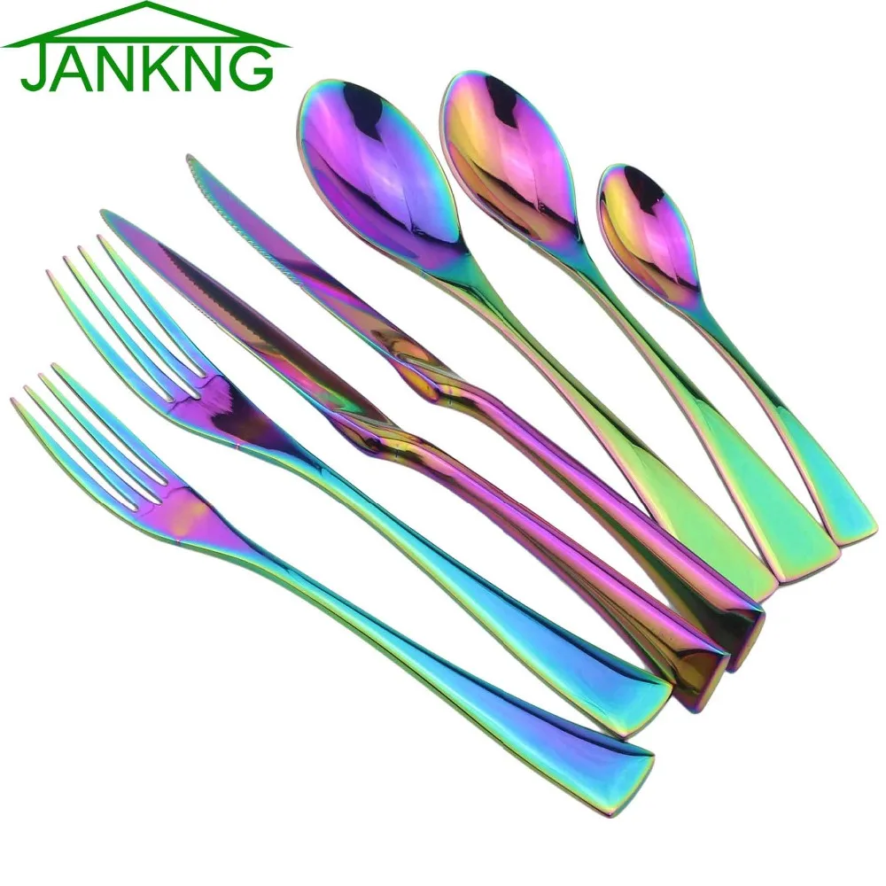 JANKNG 1-Pieces Rainbow Dinnerware Set Colorful Mirror Tableware Set Stainless Steel Western Cutlery Set Kitchen Accessories