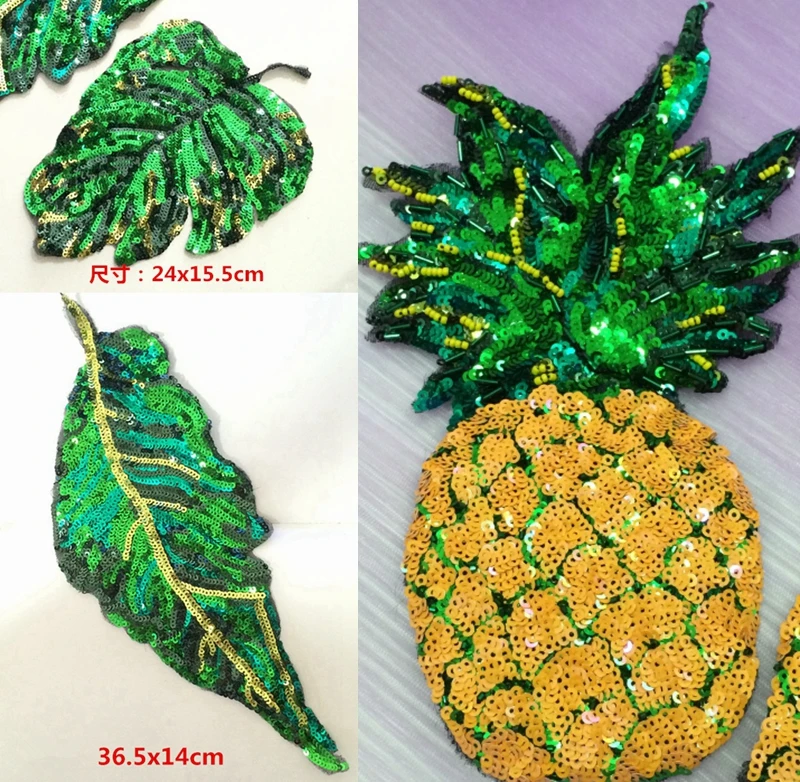 2pcs/lot Sew On Sequin Beaded Green Banana Leaf Patch Applique Patches For Clothing Dress Appliques Parches Bordados Ropa