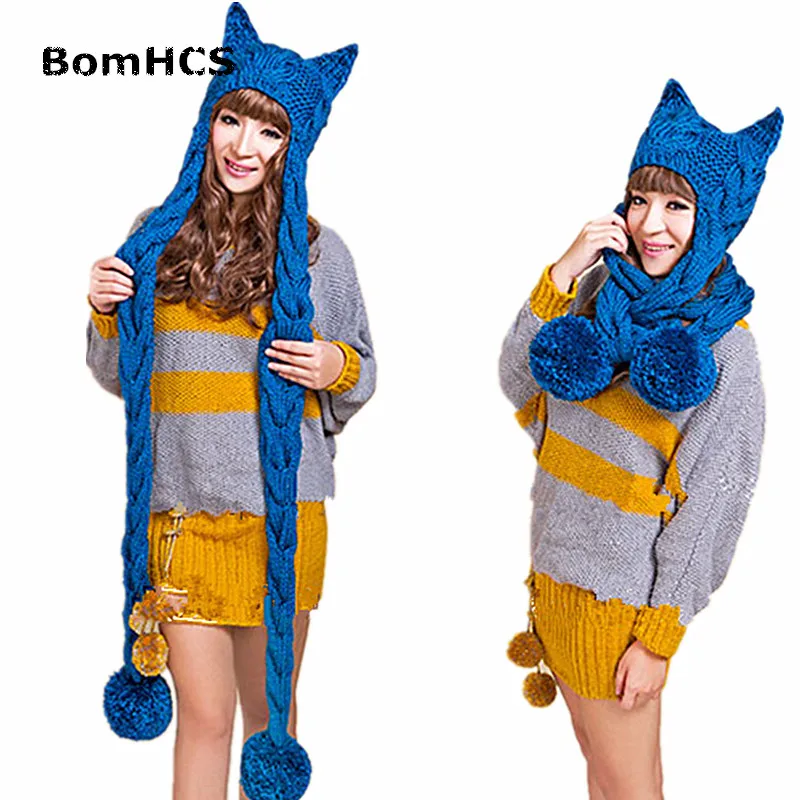 BomHCS Women Thick Cable Handmade Knitted Beanie Cat Ears Warm Hat Scarf