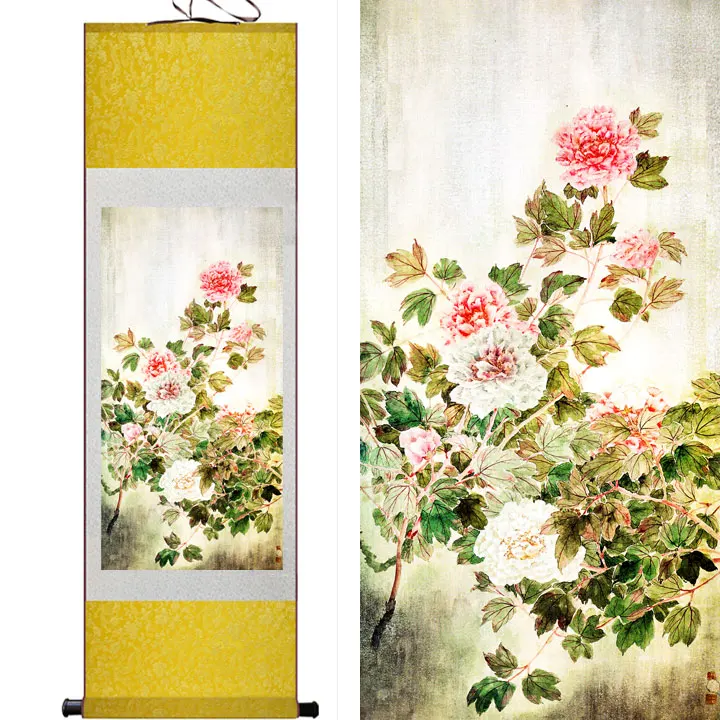 Hotsale free shipping Peony flower scroll painting traditional art Chinese painting Peony art paitingsPrinted painting