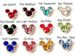 Hot Selling 120pcs/lot Mix 12 color Mouse Head Birthstone Floating Charms Living Glass Pendant Lockets