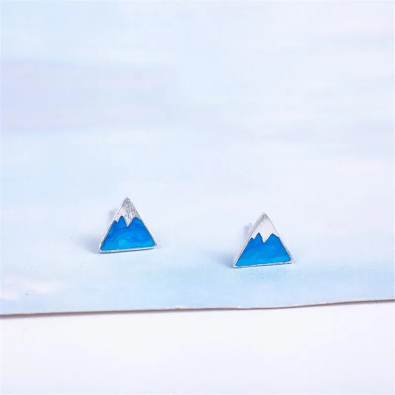 Creative New Fashion 925 Sterling Silver Jewelry Blue Triangle Geometry Snow Mountain Fresh Cute Female Stud Earrings