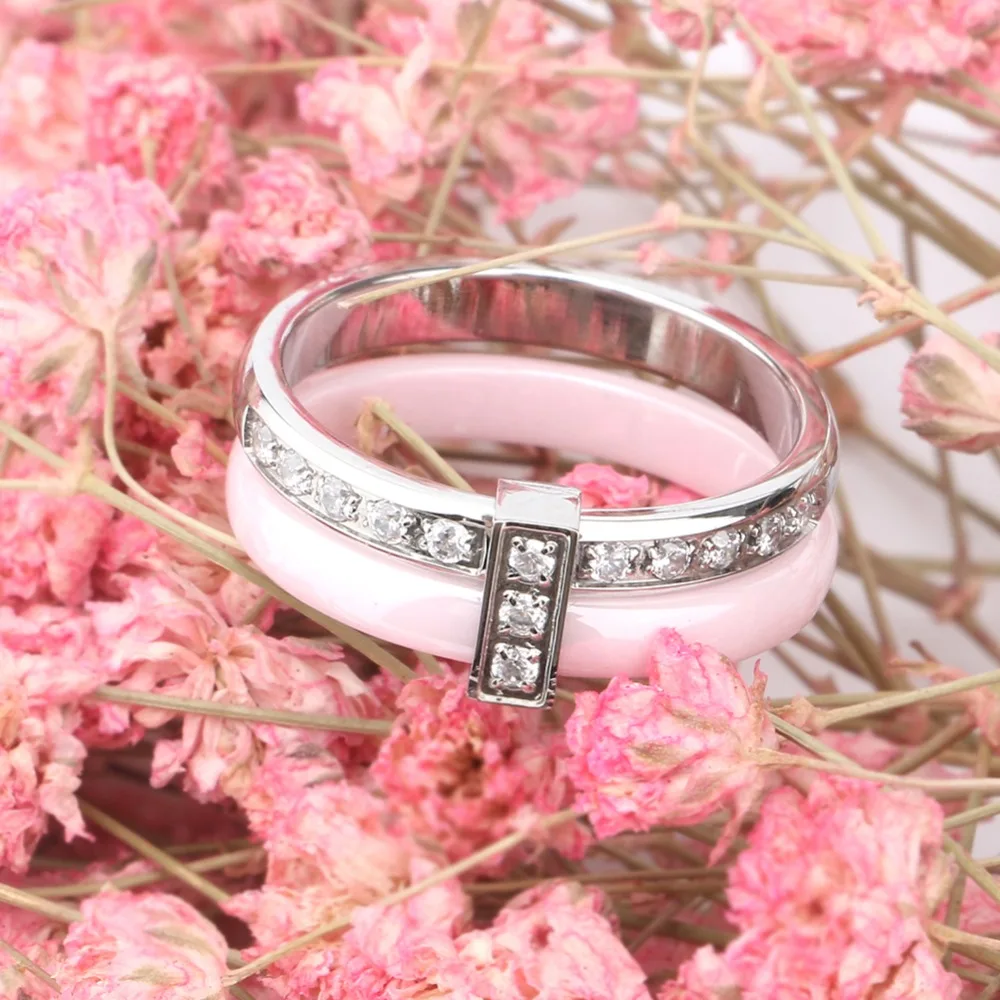 Women Rings 6mm Pink Ceramic Rings CZ Wedding Brand Garden Ring For Women Beautiful Jewelry ague acier inoxydable pour femme