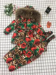 2023 Winter Jacket Children down jackets & PANT duck down Fur hooded Leopard flower girl snowsuit boy set outerwear ski suit