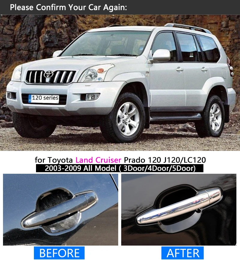 FUNDUOO For Toyota Land Cruiser Prado 120 J120 LC120 2003-2009 Chrome Door Handle Cover Trim Sticker Overlays