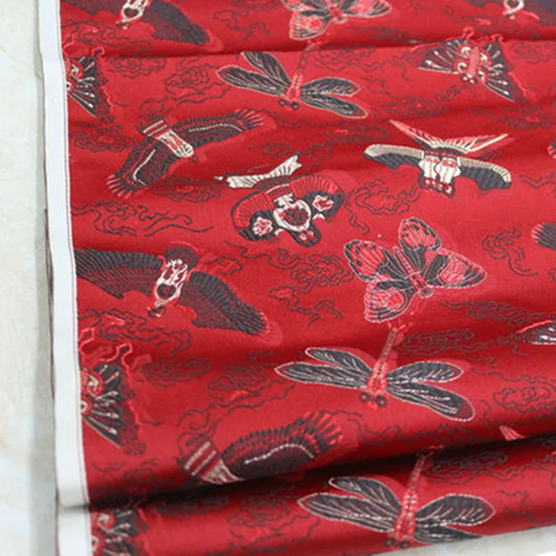 Red Silk Jacquard Satin Fabric, Chinese Style Clothings ,Butterfly/Dragonfly/Birds Embroidered Clothes, NCF180