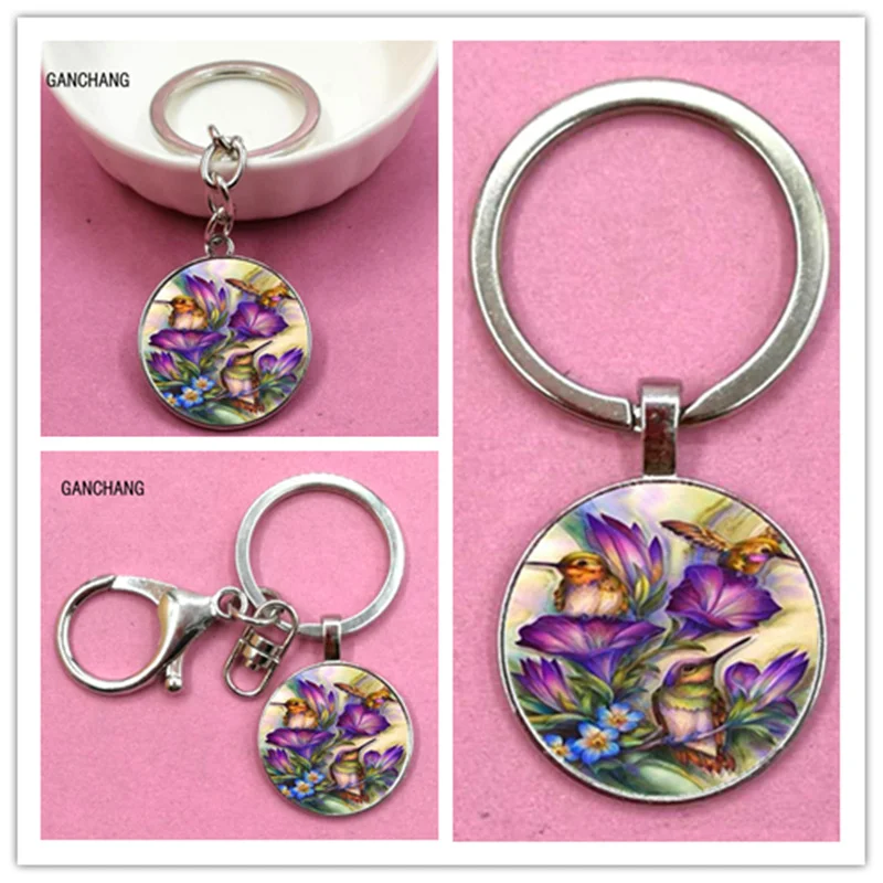 Keychain hummingbird photo convex round glass pendant key ring bracket