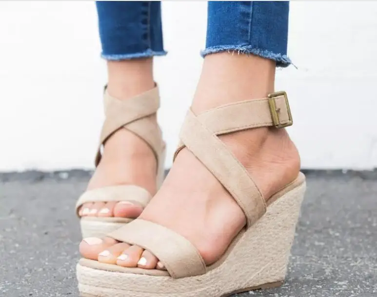 Sandalias de gladiador con cuña para mujer, zapatos de tacón alto atados a la moda, con plataforma, talla grande 42