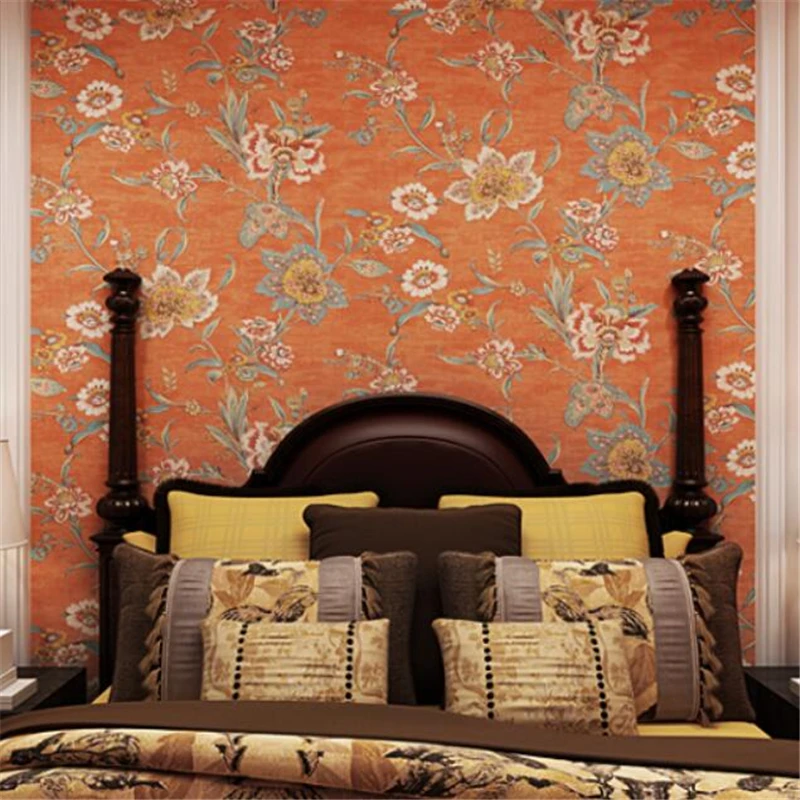 beibehang American country retro pure paper wallpaper orange red pastoral big flower bedroom porch bedside background wallpaper