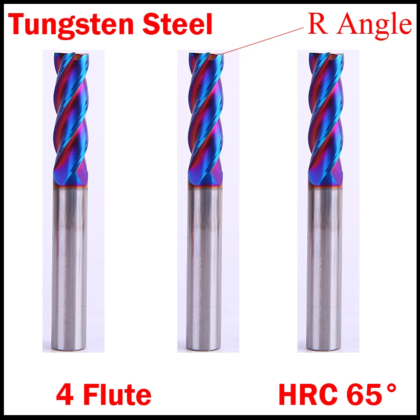 

3mm 4mm Cutting Edge Diamter R0.2 R0.5 HRC65 4 Flute Solid Carbide CNC Router Tool R Corner Rounding End Mill Milling Cutter