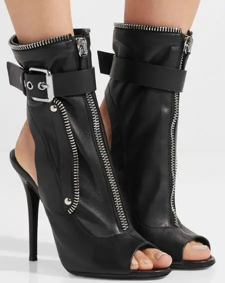 

New Black PU Women High Heel Motorcycle Boots Sexy Peep Toe Ladies Buckles Ankle Short Boots Slingback Zipper Connect Boots