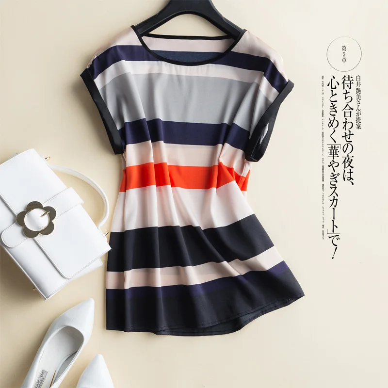 2018 Summer 92% Nature Silk T-shirt  Female Women's Short Sleeved Round Collar Stripes Loose Thin Real Silk Slim Tshirt