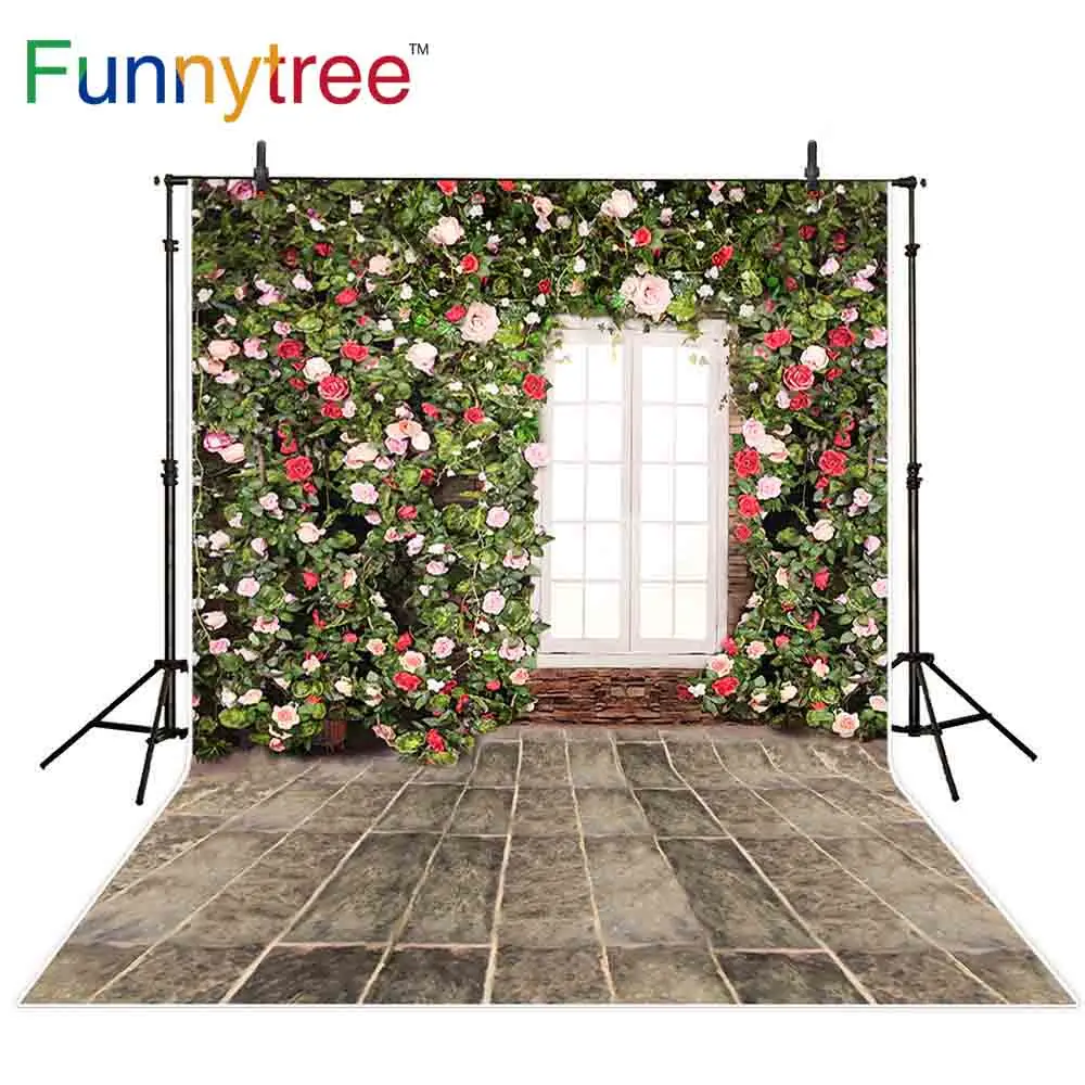 Funnytree-خلفية تصوير ، نافذة بيضاء ، زهور حمراء وردية ، أوراق حائط حجرية ، صور زفاف ، فوتوفون لاستوديو الصور
