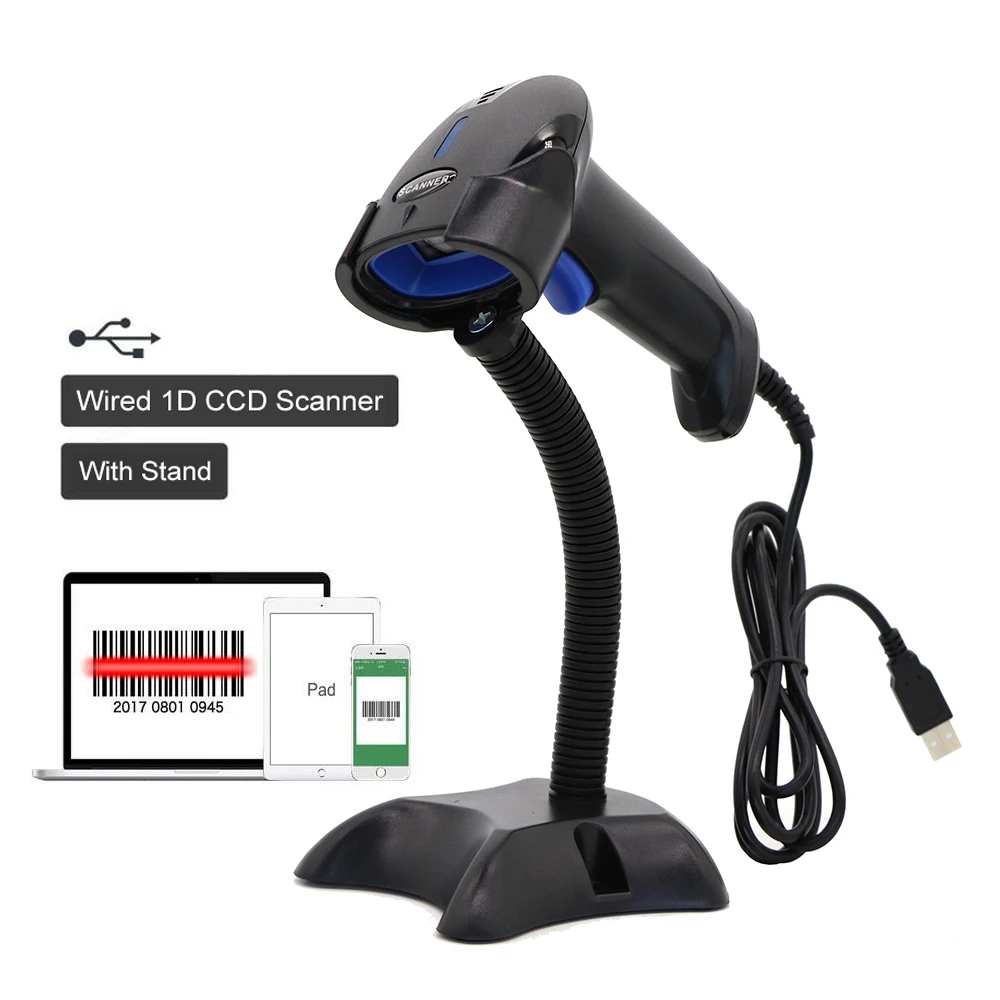 1D CCD Barcode Scanner Portable USB Wired Handheld Laser Light Scanner For Supermarket Store IOS Android IPAD