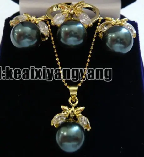 Yellow Gold plate Black  Pearl CZ Pendant Earring Ring AAA style Fine Noble real Natural free shipping