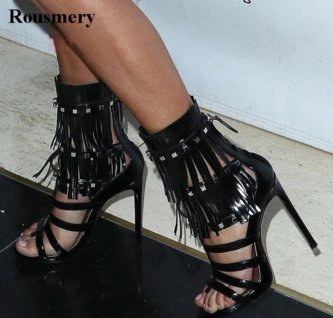 

Hot Selling Women Fashion Open Toe Black Patent Leather Strap Tassels Gladiator Sandals Cut-out Spike Thin Heel Fringes Sandals