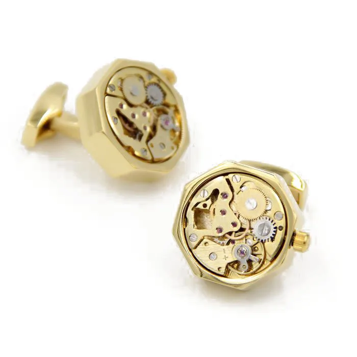 Letpon immovable Watch Movement Cufflinks for mens polygon Gold color Steampunk Gear Watch Mechanism Cuff links Relojes gemelo